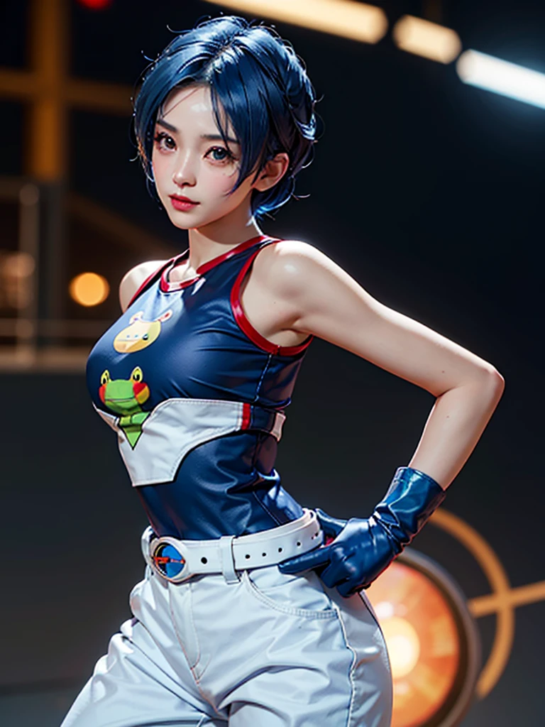 (at night), in a video game scene, a background of a beautiful city during the day raining, standing at attention, semi-short blue hair, blouse with an anime frog face, white flared pants, wearing blue fingerless exercise gloves, has round goggles on her head, huge belt with a round eyeglass, ((blue hair)), 1 girl, alone, 20 years old, young woman, perfect hands, beautiful fingers, beautiful long legs, beautiful body, beautiful nose, beautiful design of characters, perfect face, looking at the viewer with serious gesture (focusing on his face), closed mouth, Light_Smile, official art, extremely detailed CG unity 8k wallpaper, perfect lighting, bright and colorful front lighting, glowing skin (masterpiece : 1.0), (best_quality: 1.0), ultra high resolution, 4K, ultra detailed photography, 8K, HDR, high resolution, nonsense:1.2, Kodak portra 400, film grain, background blur, bokeh:1.2, lens flare, (vibrant_color:1.2), professional photography, (beautiful_face: 1.5), (narrow waist),