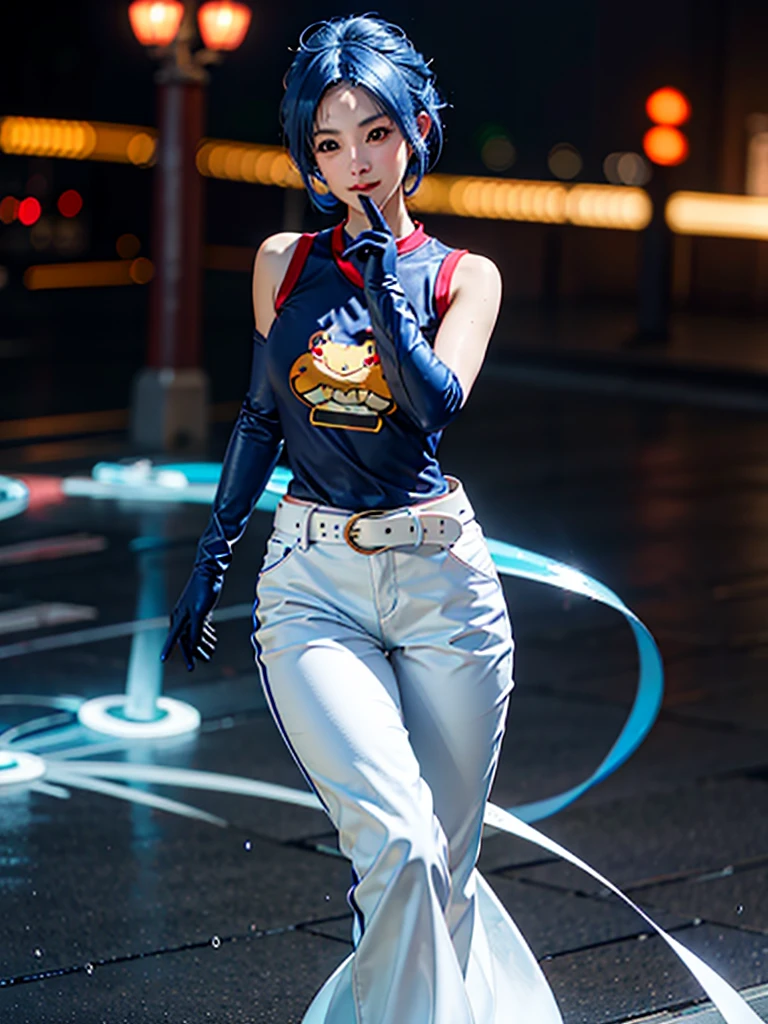 (at night), in a video game scene, a background of a beautiful city during the day raining, standing at attention, semi-short blue hair, blouse with an anime frog face, white flared pants, wearing blue fingerless exercise gloves, has round goggles on her head, huge belt with a round eyeglass, ((blue hair)), 1 girl, alone, 20 years old, young woman, perfect hands, beautiful fingers, beautiful long legs, beautiful body, beautiful nose, beautiful design of characters, perfect face, looking at the viewer with serious gesture (focusing on his face), closed mouth, Light_Smile, official art, extremely detailed CG unity 8k wallpaper, perfect lighting, bright and colorful front lighting, glowing skin (masterpiece : 1.0), (best_quality: 1.0), ultra high resolution, 4K, ultra detailed photography, 8K, HDR, high resolution, nonsense:1.2, Kodak portra 400, film grain, background blur, bokeh:1.2, lens flare, (vibrant_color:1.2), professional photography, (beautiful_face: 1.5), (narrow waist),