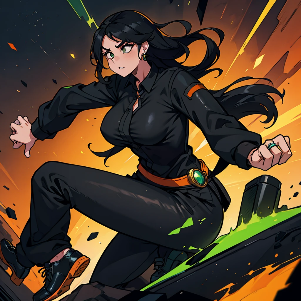 A Woman. Black Social shirt. Black pants. Black Shoes. Bronw hair. Orange coat tied at the waist. Green earrings. A ring on the left hand