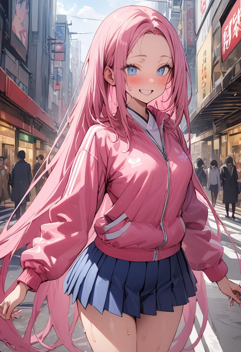 ((masterpiece,Highest quality:1.3,best quality illustration)),cowboy shot,独奏,1woman,(Mature Beauty),pink hair,straight long hair,bangs,light blue eyes,(gorgeous eyes),((very small head:1.3)),fun,smile,((very long body:1.2,skinny)),small breasts,((Pink baseball jacket、Navy blue pleated mini skirt)),navy blue sports socks、White sneakers、walk、gleaming skin,oily skin,slender body,sweat,standing,on street,Shibuya Station、