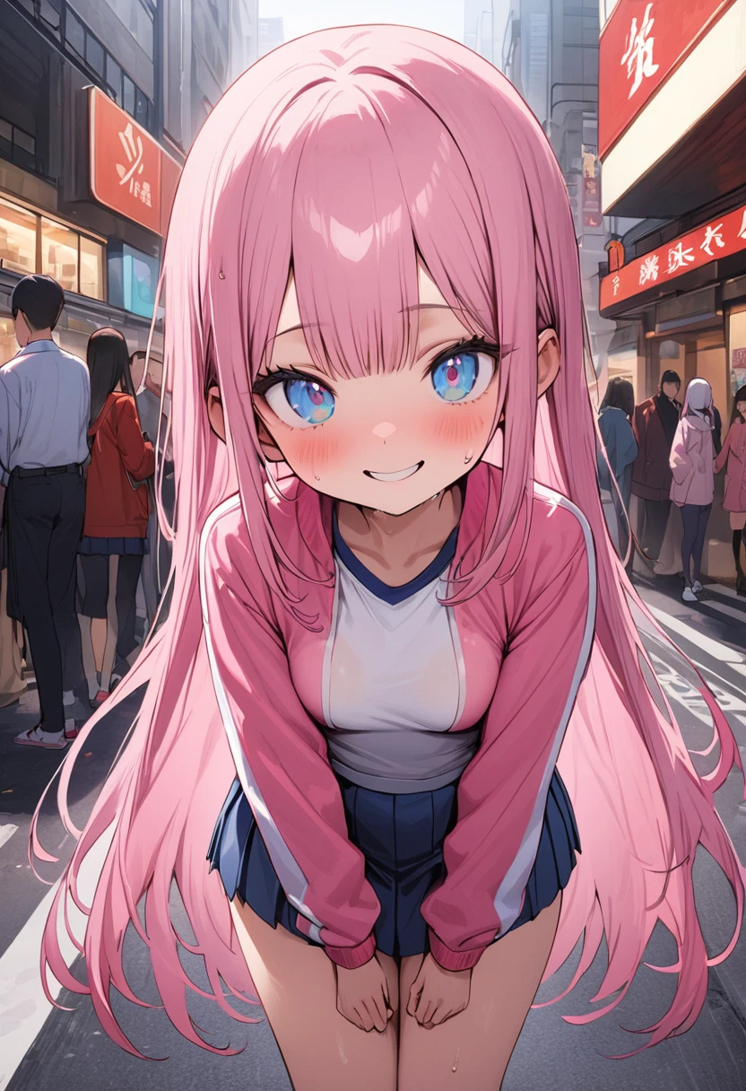 ((masterpiece,Highest quality:1.3,best quality illustration)),cowboy shot,独奏,1woman,(Mature Beauty),pink hair,straight long hair,bangs,light blue eyes,(gorgeous eyes),((very small head:1.3)),fun,smile,((very long body:1.2,skinny)),small breasts,((Pink baseball jacket、Navy blue pleated mini skirt)),navy blue sports socks、White sneakers、walk、gleaming skin,oily skin,slender body,sweat,standing,on street,Shibuya Station、