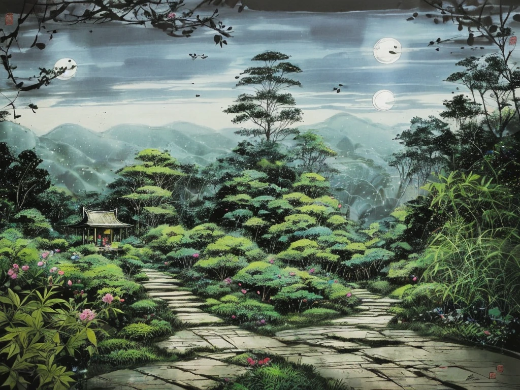 Realistic style,Tea garden under moonlight,The moon hangs high,The moonlight shines on the tea garden