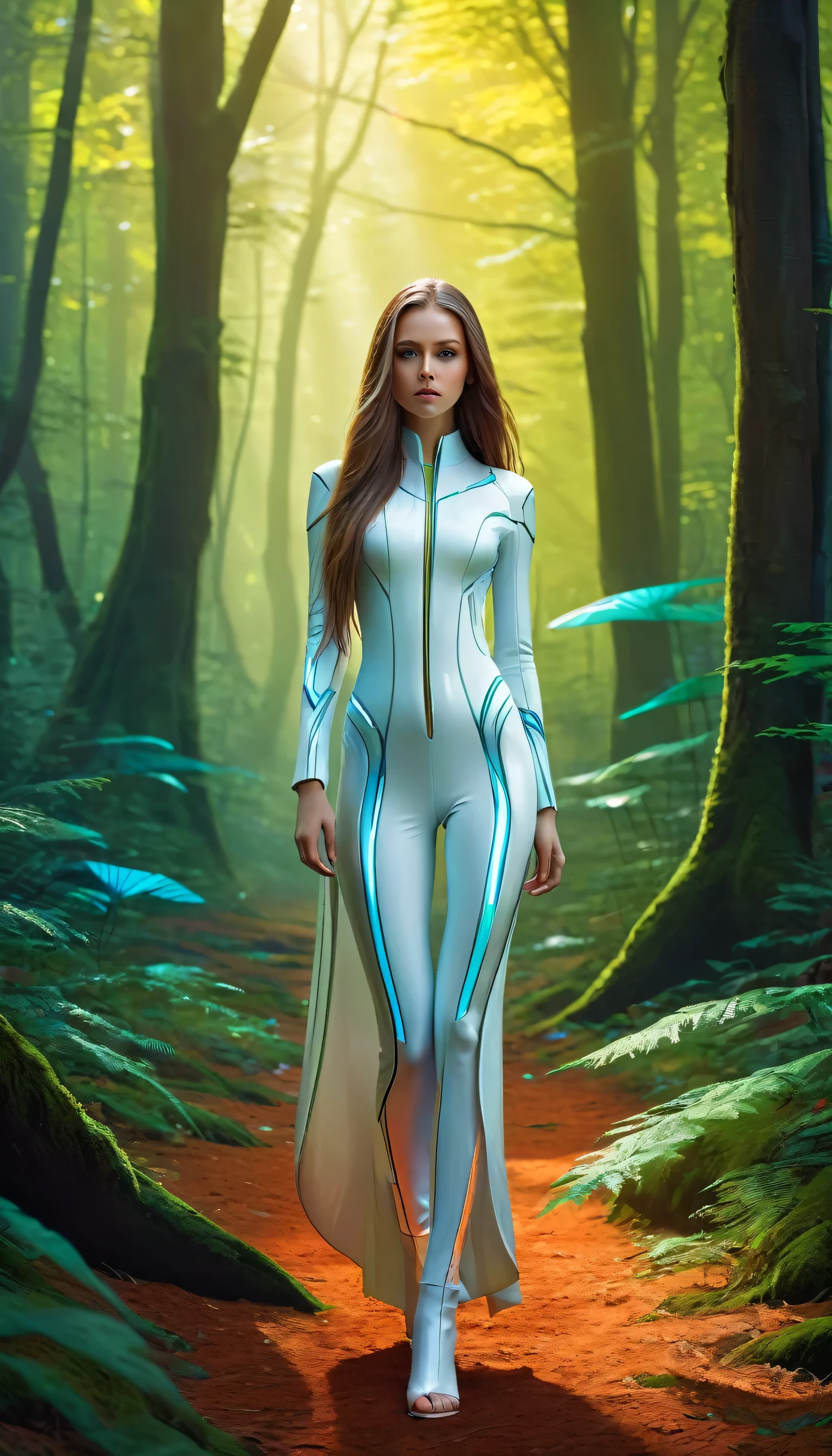 A barefoot futuristic girl standing silently on the ground, captivating eyes, porcelain skin, long flowing hair, (futuristic outfit:1.1, sleek attire), (bright and vibrant colors), (mystical forest), (digital art:1.1, digital illustration), (high resolution, ultra-detailed:1.2), (photorealistic:1.37, realistic rendering).