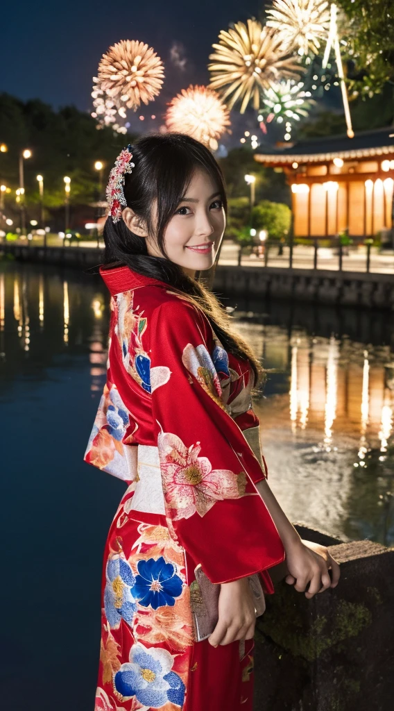 (Masterpiece,Highest quality,Highest quality,8k wallpaper,Ultra-high resolution,Extremely detailed),Japanese,Group of 2,Japanese Beauty,Female college student,Yamato Nadeshiko,pure,Sense of clarity,yukata,night,Summer festival,Riverbank,Opening a store,firework,色とりどりのfireworkの光,((Group of 2のFemale college studentがnightのfirework大会でfireworkの華やかな光に包まれながら微笑む様子))