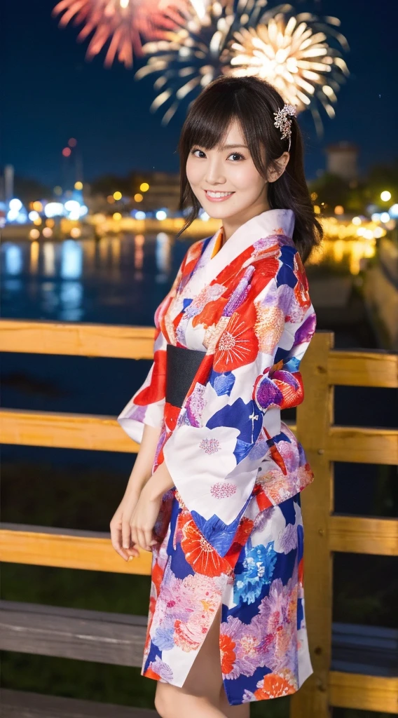 (Masterpiece，Highest quality，Highest quality，8k wallpaper，Ultra-high resolution，Extremely detailed)，Japanese，Group of 2，Japanese Beauty，Female college student，Yamato Nadeshiko，pure，Sense of clarity，yukata，night，Summer festival，Riverbank，Opening a store，firework，色とりどりのfireworkの光，((Group of 2のFemale college studentがnightのfirework大会でfireworkの華やかな光に包まれながら微笑む様子))