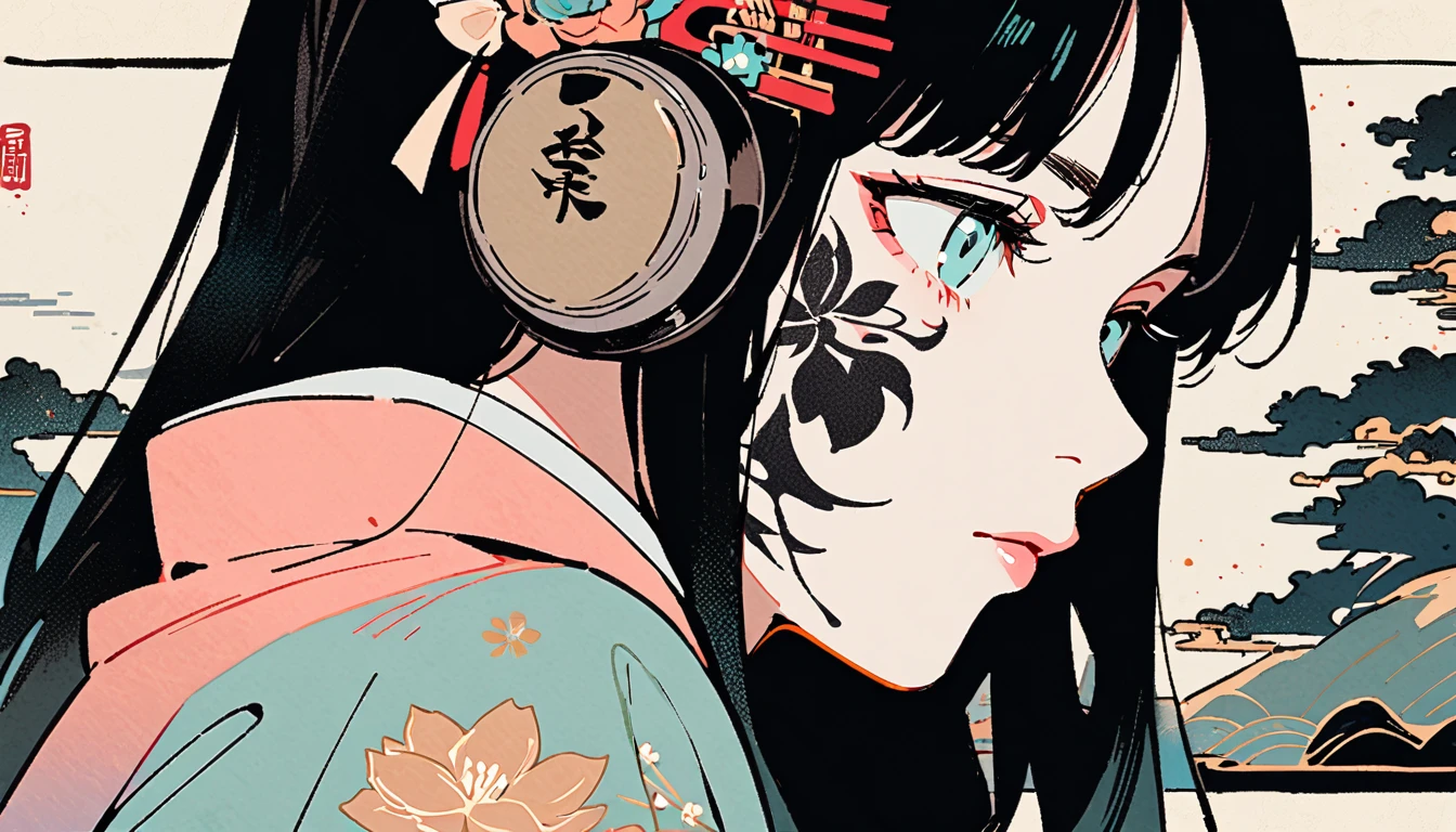 Ink Painting, (((1 girl))), (((Tattoo on face))), (((Gorgeous hair accessories))), Japanese style headphones, face close-up, Beautiful woman wearing Japanese kimono, Black Hair, pastel color, Modern ukiyo-e style