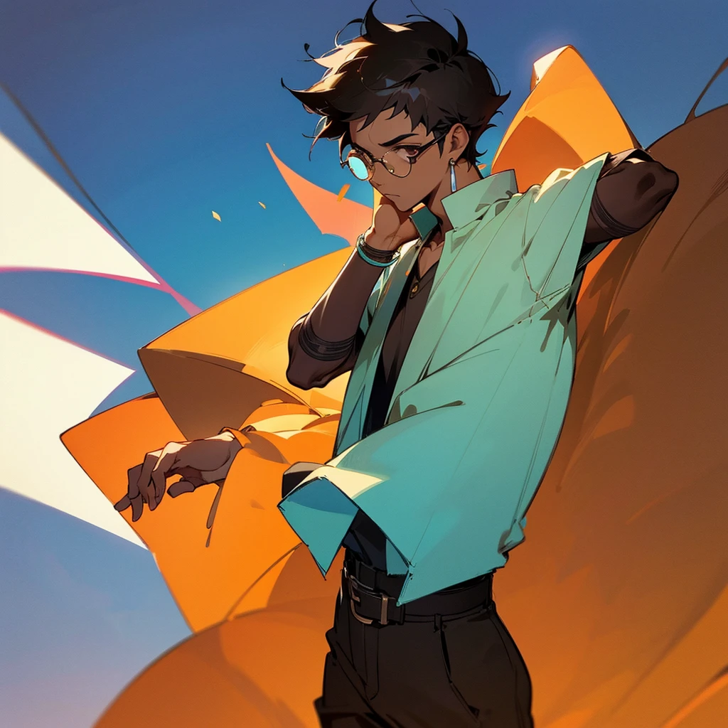 male, brown skin, simple background, glasses, short hair, arm crossed, high quality, masterpiece, solo, head only pov, Avatar