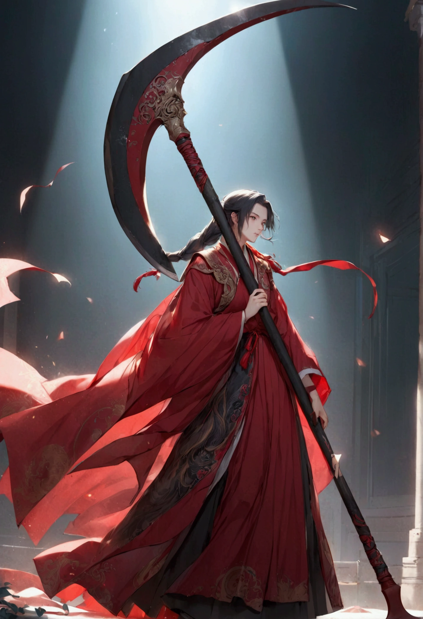 A large scythe with a red cloth wrapped around its handle, xuanhuan.