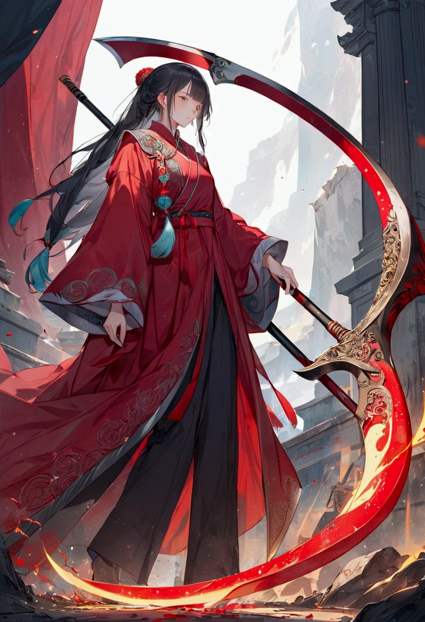 A large scythe with a red cloth wrapped around its handle, xuanhuan.