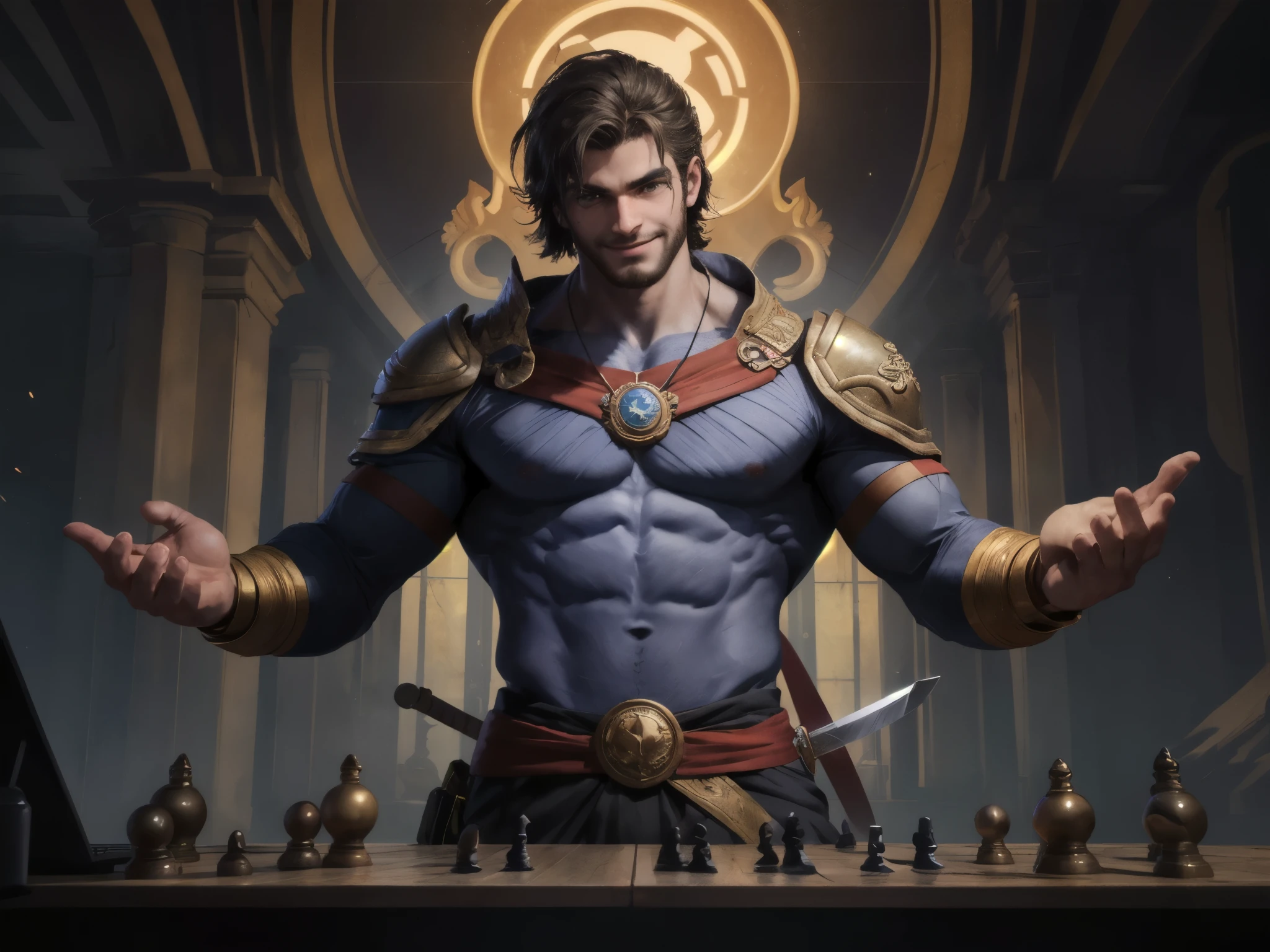 Legendary game hero, Posted in four positions: 1. The brave warrior, sword raised, stands with a heroic posture, his eyes shine with determination, Ready to conquer any challenge that comes your way.. 2. the strategist, fingers placed on the virtual game map, His eyebrows furrowed in concentration as he planned his next move.., aiming for victory. 3. The determined character, fingers dancing quickly on the keyboard, eyes focused on the screen, Fully rooted in the game world., a champion to the core. 4. The winner, arms raised triumphantly, victorious smile adorning his face.
