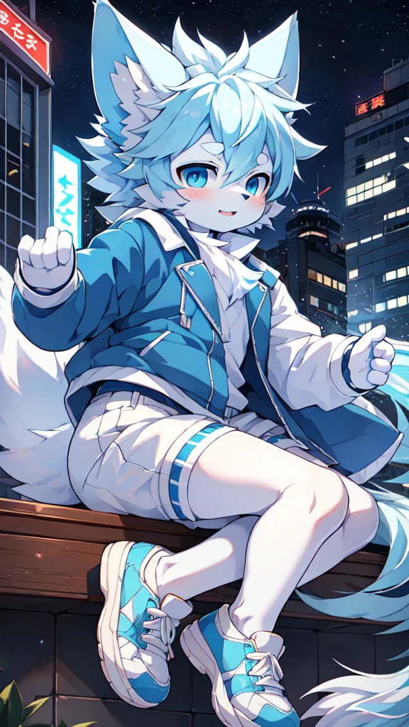 Blue hair,White hair,Blue dragon tail,The end of the tail has white fuzz,hairy,God of Art Super Top Quality, Super detailed, High resolution, Anime cute art style, The best anime, 8k, Kona sauce wallpaper, Pixiv Contest Winners, Perfect anatomical structure, , (Energetic teenager, 13 years old:1.3), High resolution详细的头发,Iris and pupil are well proportioned,Blue pupils,Blue ears,Single,Light blue coat,White shirt,White shorts,White stockings,White high-top sneakers,night,City,On top of the building,Neon lights