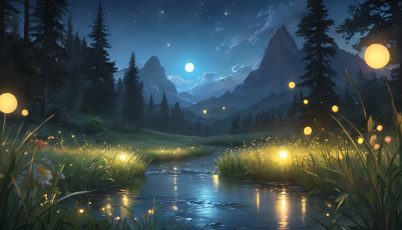 a beautiful summer night landscape, an anime-style meadow by a clear stream, moonlight shining on the grass, fireflies in the air, soft focus, highly detailed, masterpiece, 4k, (best quality, 8k, ultra-detailed, realistic, photorealistic:1.37), (trending on artstation, artgerm, greg rutkowski, alphonse mucha:1.2), ethereal, serene, vibrant colors, dramatic lighting, glowing orbs, flowing fabrics, intricate details,anime