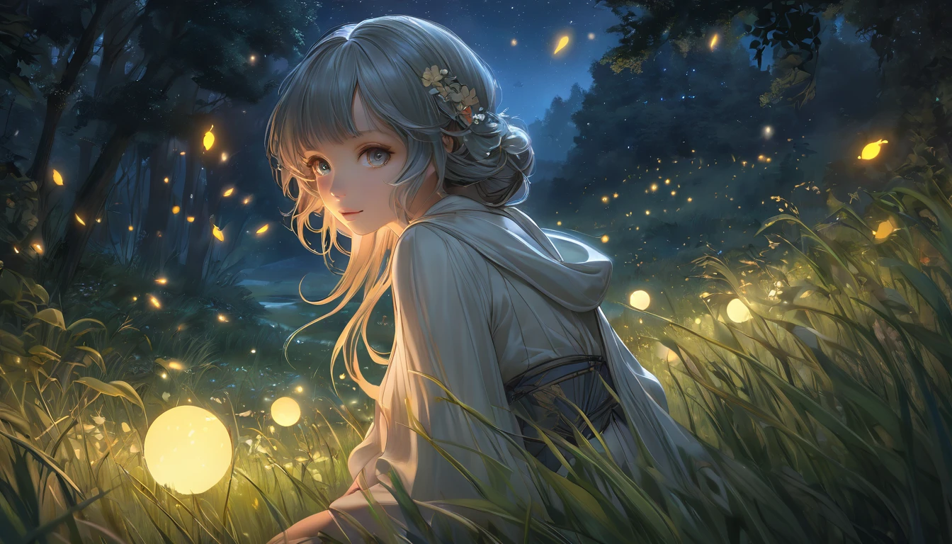 a beautiful summer night landscape, an anime-style meadow by a clear stream, moonlight shining on the grass, fireflies in the air, soft focus, highly detailed, masterpiece, 4k, (best quality, 8k, ultra-detailed, realistic, photorealistic:1.37), (trending on artstation, artgerm, greg rutkowski, alphonse mucha:1.2), ethereal, serene, vibrant colors, dramatic lighting, glowing orbs, flowing fabrics, intricate details,anime