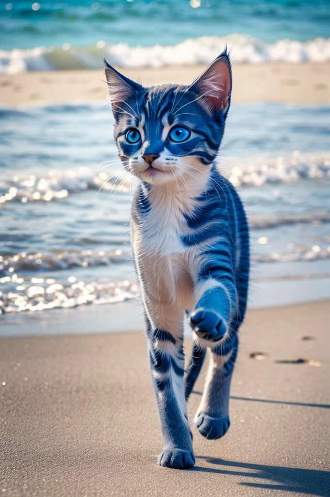 A blue short-legged kitten trotting along the beach