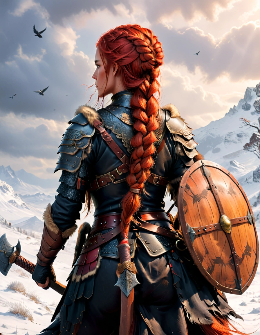 close-up,back view,A digital illustration of A female warrior, with long red braided hair , holding a axe on her shoulder ,a round wooden shield on her back. she wearing dark fur and leather armor ,sitting on horse back with a belt that has a pouch and a sword attached. Several birds fly in the distance, adding to the dramatic and moody atmosphere.in a snowy and cloudy environment, The lighting is dim with subtle highlights on the warrior, indicating either dawn or dusk, and the scene conveys a sense of strength and solitude.