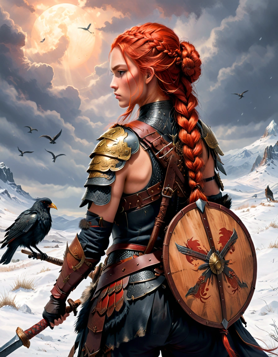 close-up，back view，A digital illustration of A female warrior， with long red braided hair , holding a axe on her shoulder ，a round wooden shield on her back. she wearing dark fur and leather armor ,sitting on horse back with a belt that has a pouch and a sword attached. Several birds fly in the distance, adding to the dramatic and moody atmosphere.in a snowy and cloudy environment, The lighting is dim with subtle highlights on the warrior, indicating either dawn or dusk, and the scene conveys a sense of strength and solitude.