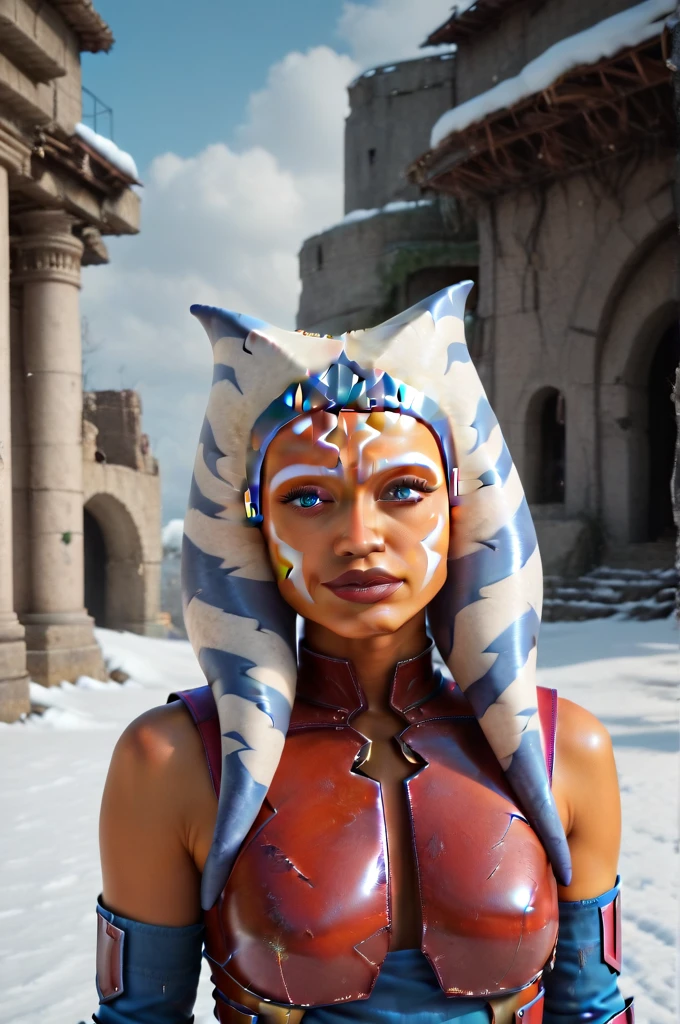 a ((fall body)) ((Ahsoka))) (()) ((Ahsoka))mandalorian,walking on snow coverd ruins , ((green fire eyes )) , beautiful detailed eyes, beautiful detailed lips, extremely detailed face, long eyelashes, mandalorian armor, sci-fi, cinematic lighting, dramatic, epic, intricate details, hyper-realistic, 8k, high-quality, photorealistic
