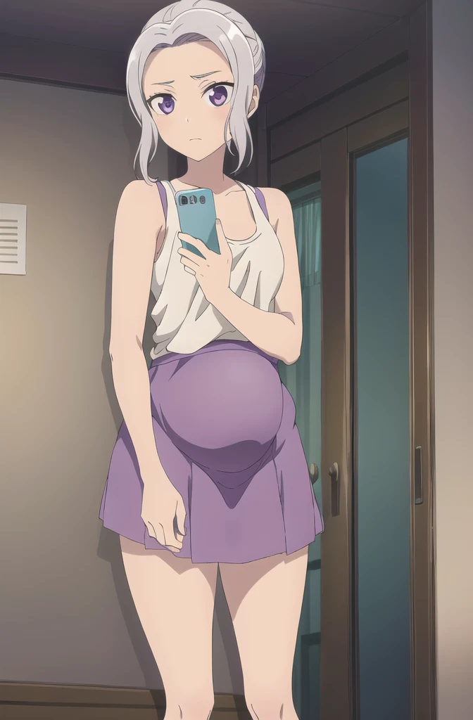 (extremely detailed CG unity 8k wallpaper), (masterpiece), (best quality), (ultra-detailed), (best illustration), (best shadow), (absurdres), 1girl, solo, shino, white hair, 1girl, solo, purple eyes, skirt, looking at viewer,tank top, dolphin shorts, anime, mirror selfie, holding phone, pregnant belly, pregnant