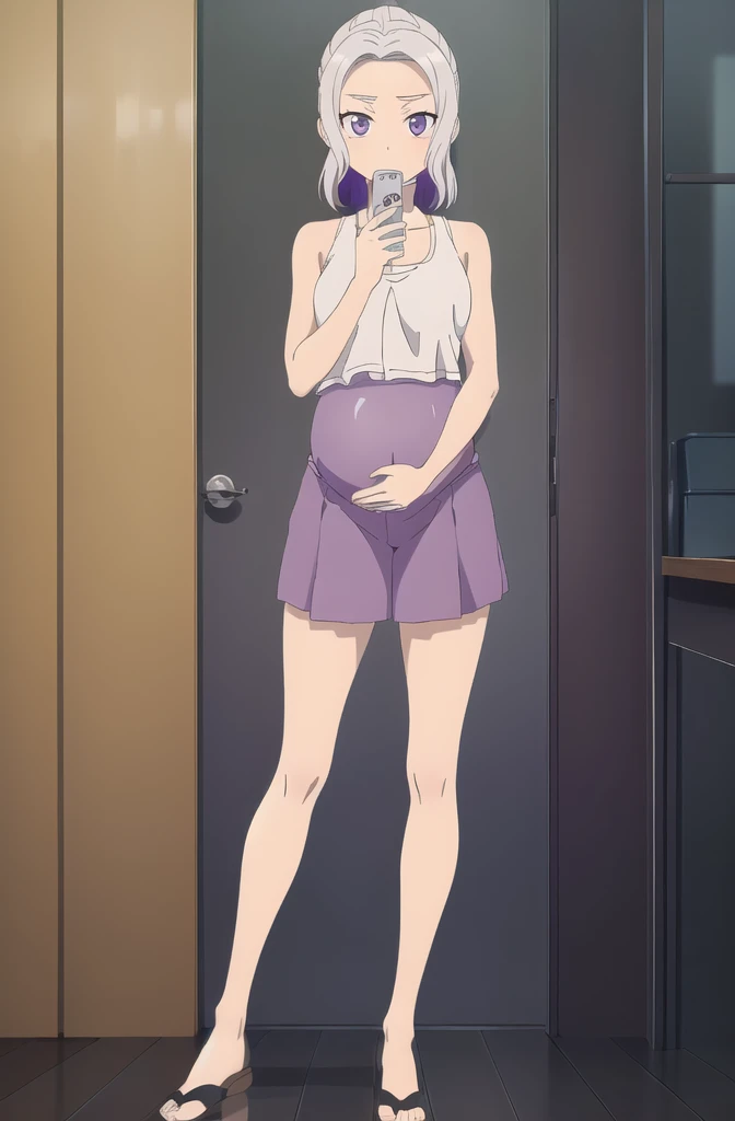 (extremely detailed CG unity 8k wallpaper), (masterpiece), (best quality), (ultra-detailed), (best illustration), (best shadow), (absurdres), 1girl, solo, shino, white hair, 1girl, solo, purple eyes, skirt, looking at viewer,tank top, dolphin shorts, anime, mirror selfie, holding phone, pregnant belly, pregnant