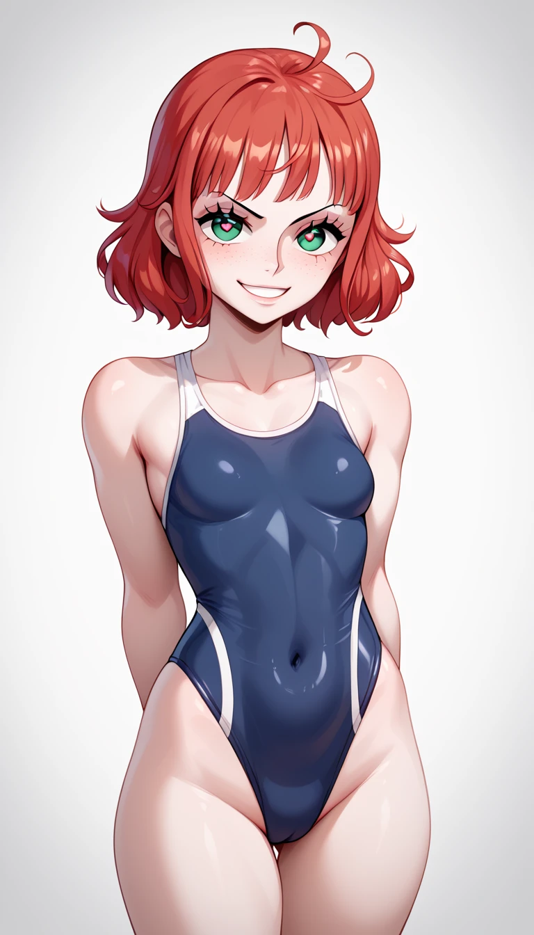 1 Girl, Small , Green Eyes, Heart Eyes, Deep Red Hair, Short Hair Style, Pale White Skin, Smooth Skin, Face Freckles, Slutty, Sexy, Sy, Smirking, Tease, Teasing, Teasing, Sexy Pose,ung Girl, Very Small Girl, 8 Years Old, wimsuit