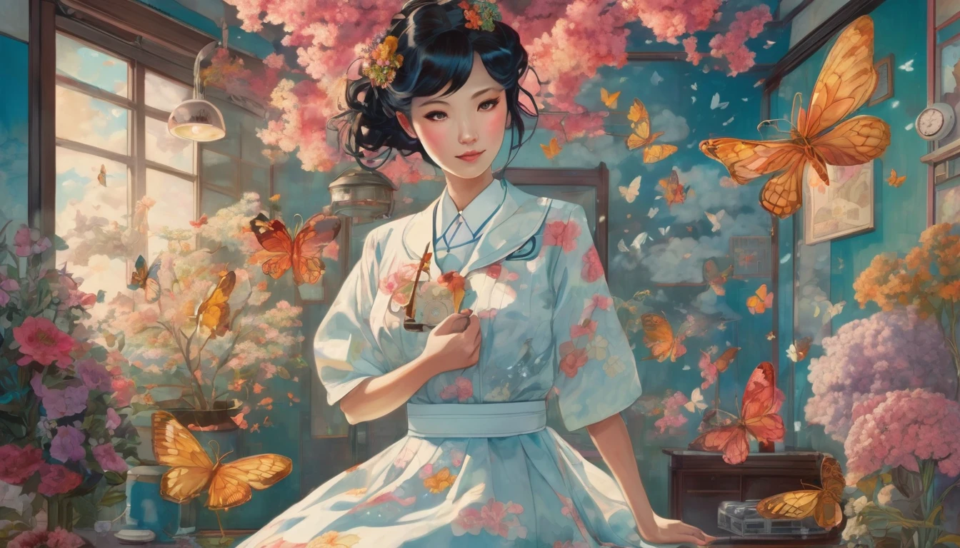 A whimsical, surreal scene depicting a charming, slightly mischievous Japanese nurse named Miyuki, dressed in a vintage 1940s nurse uniform adorned with vibrant floral patterns. She stands in an ethereal hospital room, where time seems to bend—clocks melt on the walls, and colorful butterflies flutter around oversized medical equipment. Soft, dreamlike lighting illuminates her radiant smile as she cradles a floating  wrapped in clouds, surrounded by curious, ghostly patients from different eras. The atmosphere blends elements of Art Nouveau with touches of Japanese Ukiyo-e, creating a magical interplay between elegance and playful fantasy.