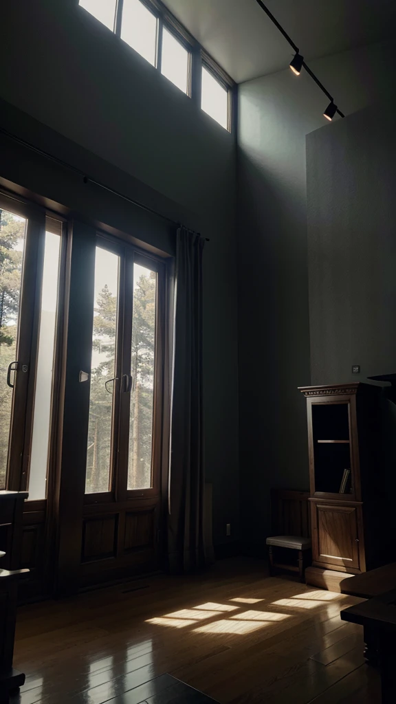 a pine forest, moody eerie atmosphere, dramatic sunlight lighting, cinematic dramatic shadows, (best quality,4k,8k,highres,masterpiece:1.2),ultra-detailed,(realistic,photorealistic,photo-realistic:1.37),gothic horror, muted color palette, modern architecture, glass windows, lace