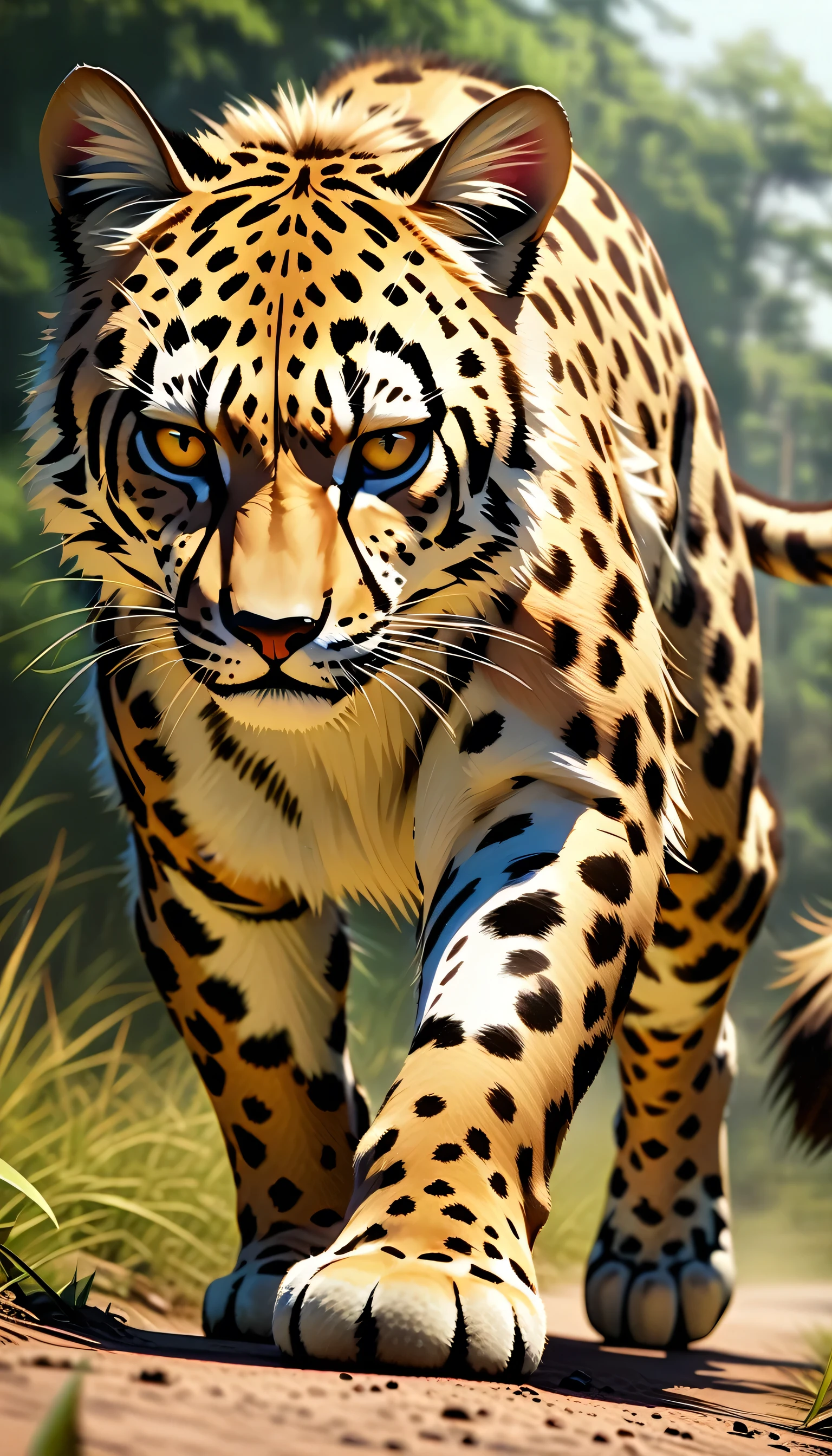 a cheetah, photorealistic, 8k, highly detailed, 1 cheetah, looking directly at camera, running on the savanna, extreme detail, beautiful fur, dynamic pose, powerful muscles, sharp focus, realistic textures, natural lighting, vibrant colors, cinematic composition