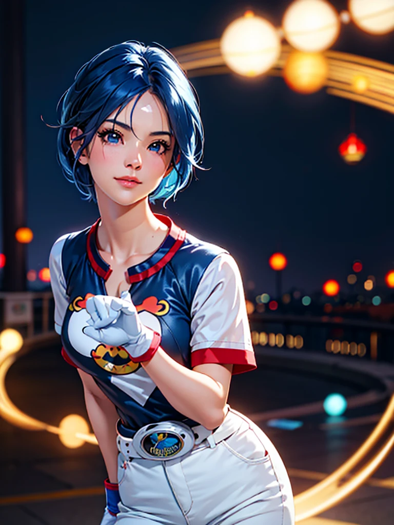 (at night), in a video game scene, a background of a beautiful city during the day raining, standing at attention, semi-short blue hair, blouse with an anime frog face, white flared pants, wearing blue fingerless exercise gloves, has round goggles on her head, huge belt with a round eyeglass, ((blue hair)), 1 girl, alone, 20 years old, young woman, perfect hands, beautiful fingers, beautiful long legs, beautiful body, beautiful nose, beautiful design of characters, perfect face, looking at the viewer with serious gesture (focusing on his face), closed mouth, Light_Smile, official art, extremely detailed CG unity 8k wallpaper, perfect lighting, bright and colorful front lighting, glowing skin (masterpiece : 1.0), (best_quality: 1.0), ultra high resolution, 4K, ultra detailed photography, 8K, HDR, high resolution, nonsense:1.2, Kodak portra 400, film grain, background blur, bokeh:1.2, lens flare, (vibrant_color:1.2), professional photography, (beautiful_face: 1.5), (narrow waist),
