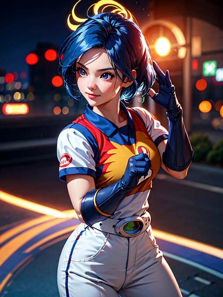 (at night), in a video game scene, a background of a beautiful city during the day raining, standing at attention, semi-short blue hair, blouse with an anime frog face, white flared pants, wearing blue fingerless exercise gloves, has round goggles on her head, huge belt with a round eyeglass, ((blue hair)), 1 girl, alone, 20 years old, young woman, perfect hands, beautiful fingers, beautiful long legs, beautiful body, beautiful nose, beautiful design of characters, perfect face, looking at the viewer with serious gesture (focusing on his face), closed mouth, Light_Smile, official art, extremely detailed CG unity 8k wallpaper, perfect lighting, bright and colorful front lighting, glowing skin (masterpiece : 1.0), (best_quality: 1.0), ultra high resolution, 4K, ultra detailed photography, 8K, HDR, high resolution, nonsense:1.2, Kodak portra 400, film grain, background blur, bokeh:1.2, lens flare, (vibrant_color:1.2), professional photography, (beautiful_face: 1.5), (narrow waist),
