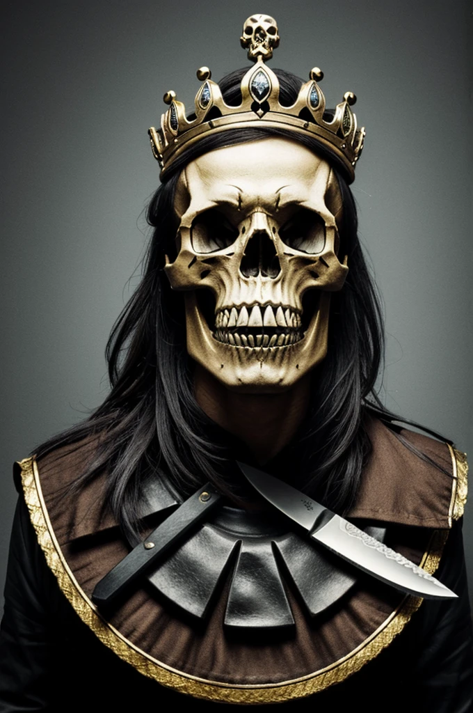 Create a skull with a crown and a knife between its teeth