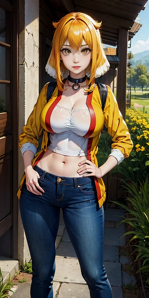 (Masterpiece, Best Quality, High Quality:1.4) professional artwork, well drawn, intricate details, field of view, Roxanne, race background, afternoon, dog ears (lipstick:0.7) makeup, ultra detail hair, ultra detail face, perfect eyes, perfect face, yellow eyes, looking at viewer, flirting, one hand on hip, tight green jeans, crop jacket, tight sweater, sandals [[bag on one side]]