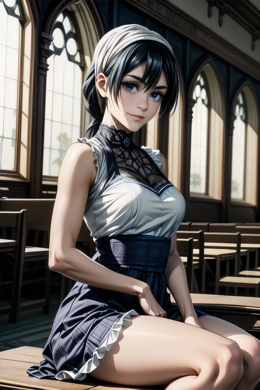 very cute and beautiful girl,(Very exquisite beautiful face and eyes:1.2),Tennariko(Jujutsu Kaisen)、
(smile:1.2),blush,Black Hair,View your viewers,(Classic blue checked lolita dress with detailed frills),Fine lace,
Sitting,(Spread your legs),Put your arms behind your back,(White panties),
altar,church,indoor,
(Highest quality,masterpiece:1.2),Absurd,High resolution,Very detailed,Very detailed,32K,8k resolution,
Intricate details,Movie Scenes,Detailed Background,alone,Dynamic Angle,