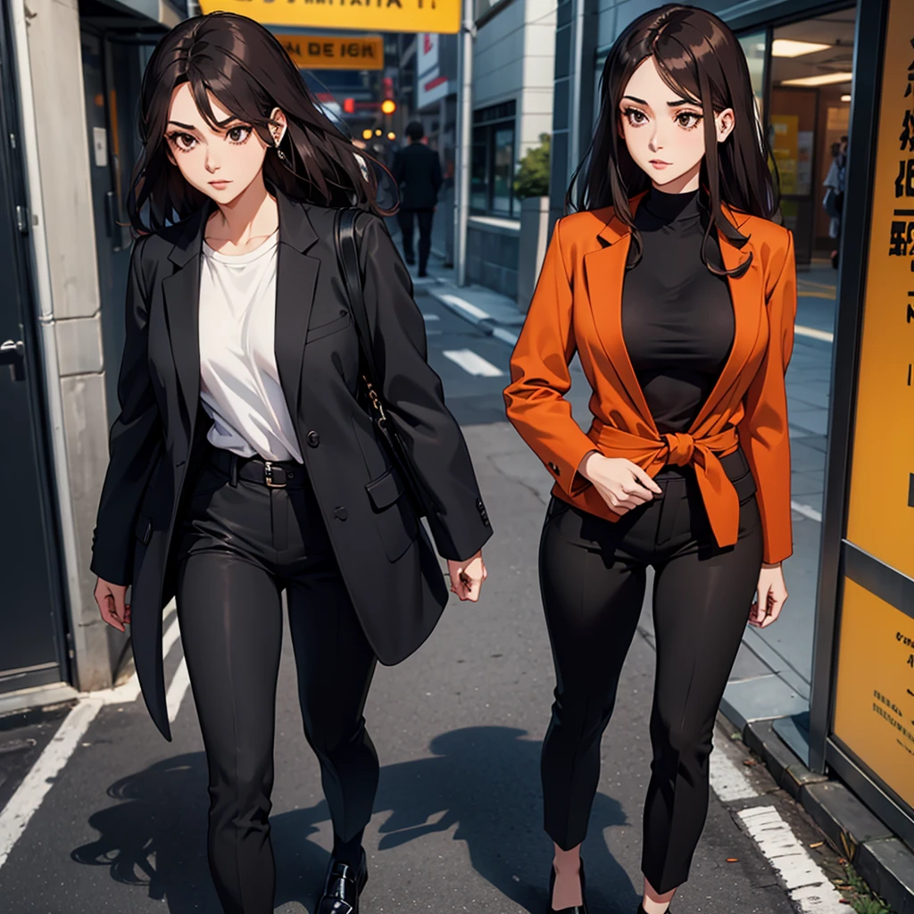 A Woman. Black Social shirt. Black pants. Black Shoes. Bronw hair. Orange coat tied at the waist. Green earrings. A ring on the left hand