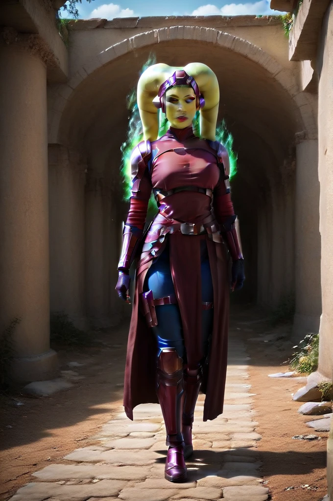 a ((fall body)) (((hera syndulla))) ((green skin )) ((female twi'lek ))mandalorian,walking on snow coverd ruins , ((green fire eyes )) , beautiful detailed eyes, beautiful detailed lips, extremely detailed face, long eyelashes, mandalorian armor, sci-fi, cinematic lighting, dramatic, epic, intricate details, hyper-realistic, 8k, high-quality, photorealistic
