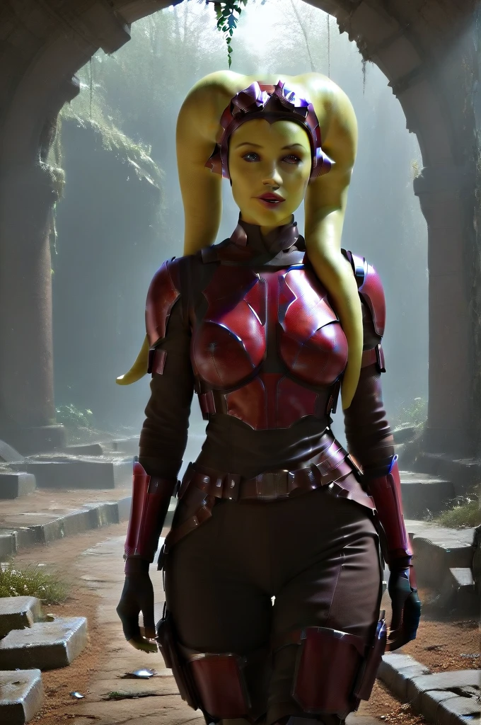 a ((fall body)) (((hera syndulla))) ((green skin )) ((female twi'lek ))mandalorian,walking on snow coverd ruins , ((green fire eyes )) , beautiful detailed eyes, beautiful detailed lips, extremely detailed face, long eyelashes, mandalorian armor, sci-fi, cinematic lighting, dramatic, epic, intricate details, hyper-realistic, 8k, high-quality, photorealistic
