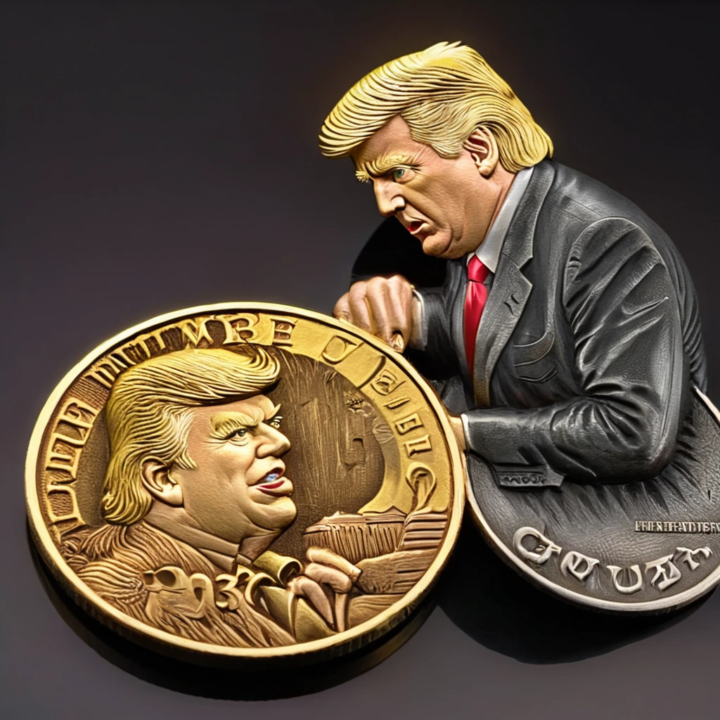 a photo of golden Donald Trump carving golden coins cnl, CNL Lighting, CNL Texture, high resolution, comely, highest quallity, work of art, highy detailed