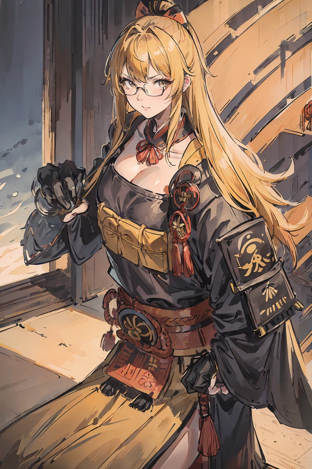 Sumogirl, a yellow haired , wearing a black sumo armor, long hair, fasion hair, samurai armor, slim body, shirt ornament, hakama, tall 165cm, 22yearold, samurai, katana, female, beautiful, sexy, vilian face, wearing glasses