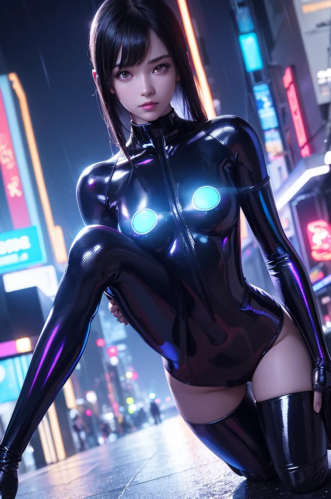 Beautiful female android, model-like body, glowing eyes, metallic body, shiny smooth surface, background reflected on body surface, blue-black body, downtown at night, neon sign, raining, cyberpunk cityscape, blur background, emphasize outline of person,