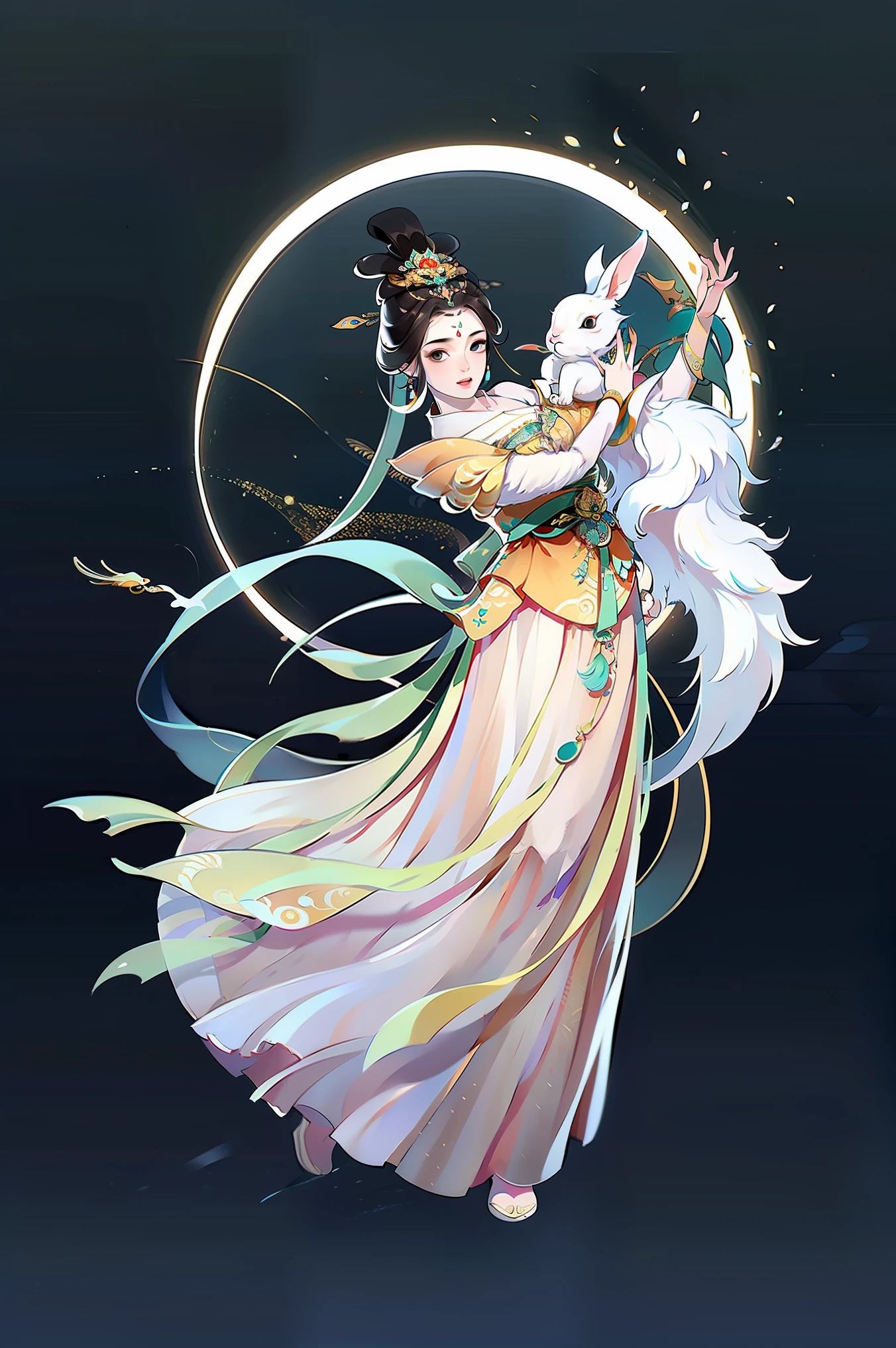 （masterpiece，Very detailed，High-resolution details，Highly detailed art）1 girl，Half Body，Xianxia，Gorgeous dance costumes，elegant，elegant，Highly detailed character designs from East Asia，Game character costume design，simple，Ultra-high resolution, Clear focus, Epic Works, masterpiece, (Very detailed的 CG 统一 8k 壁纸)，Pretty Face，beautiful eyes，High-resolution details,Best quality，Very detailed，masterpiece，Extremely detailed，solo，A woman，25-year-old female，Full Body Love，，Change rushes to the moon，Change，flight，Dunhuang flight Sky，Chinesedress，Hanfu，Traditional Chinese bun，（Exquisite eyes），（Full Body Love），（1 Girl），(black eyes），Dark brown hair ，White hair ，Holding a rabbit，White Rabbit，A woman in a kimono skirt is flying in the sky, Ancient Chinese Goddess, Ancient Chinese Princess, Chinese Princess, Inspired by Lan Ying, palace ， Girl wearing Hanfu, Chinese Beauty, Asian Dynasty Princess, Chinese Empress, Inspired by Shangxi, Wearing Chinese clothes, Inspired by Qiu Ying, Inspired by Tangdi