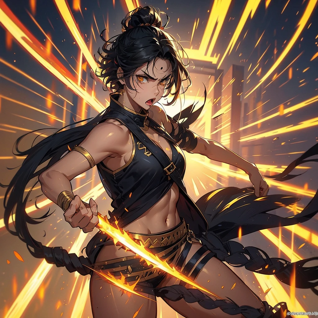 Angry warrior woman golden eyes, tan skin, wild short black hair