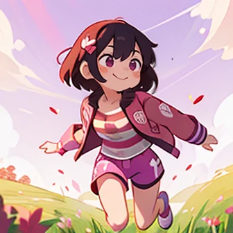 Girl full body shot,Height 90cm,Running at full speed through the fields,(Smirk,Black hair with a brown tinge,Medium Hair,Red heart hair ornament),(White, purple and red heart patterned jacket,White and pink striped shirt,Purple shorts),a sunny day,Translucent pink ribbon