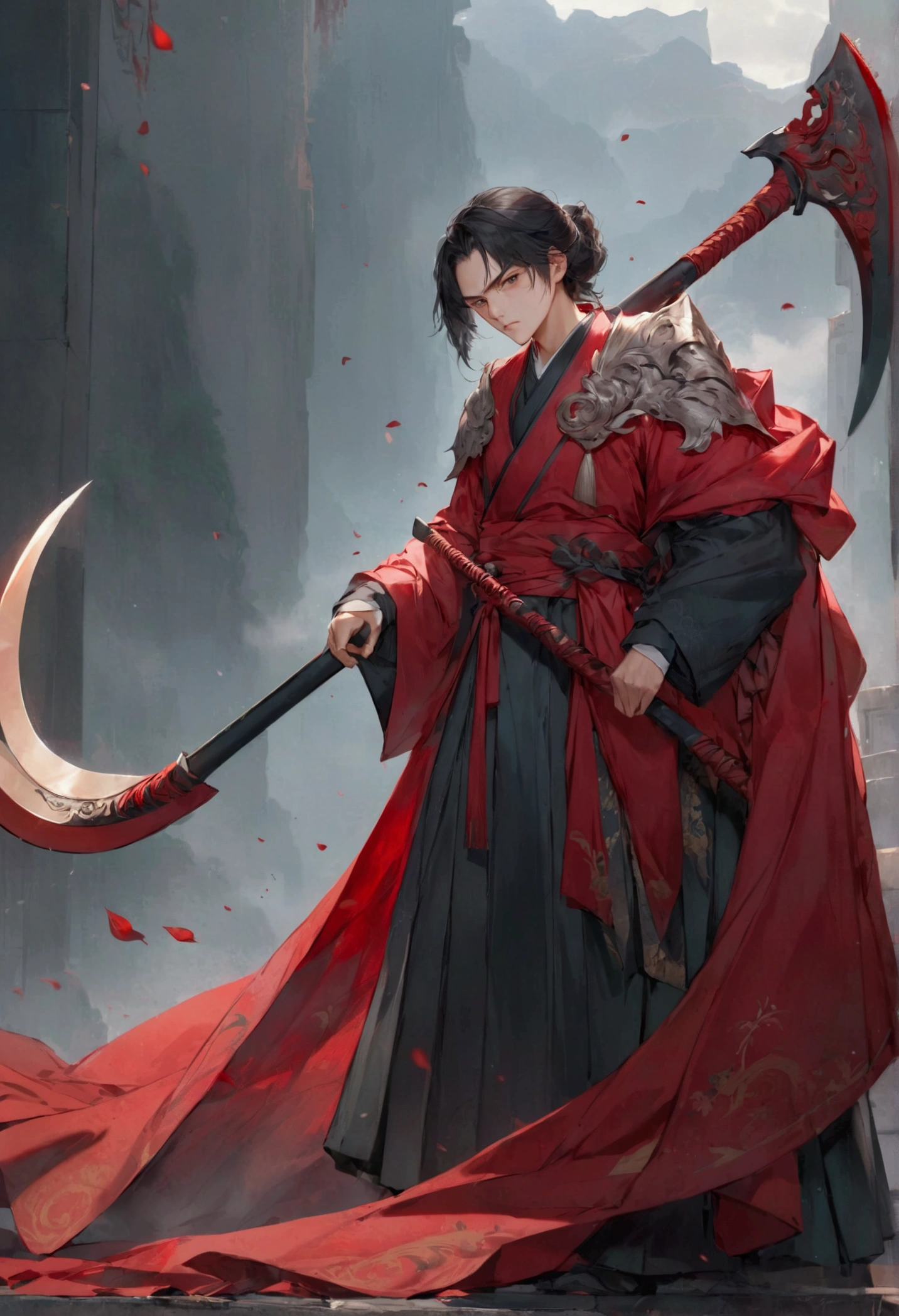 A large scythe with a red cloth wrapped around its handle, xuanhuan.