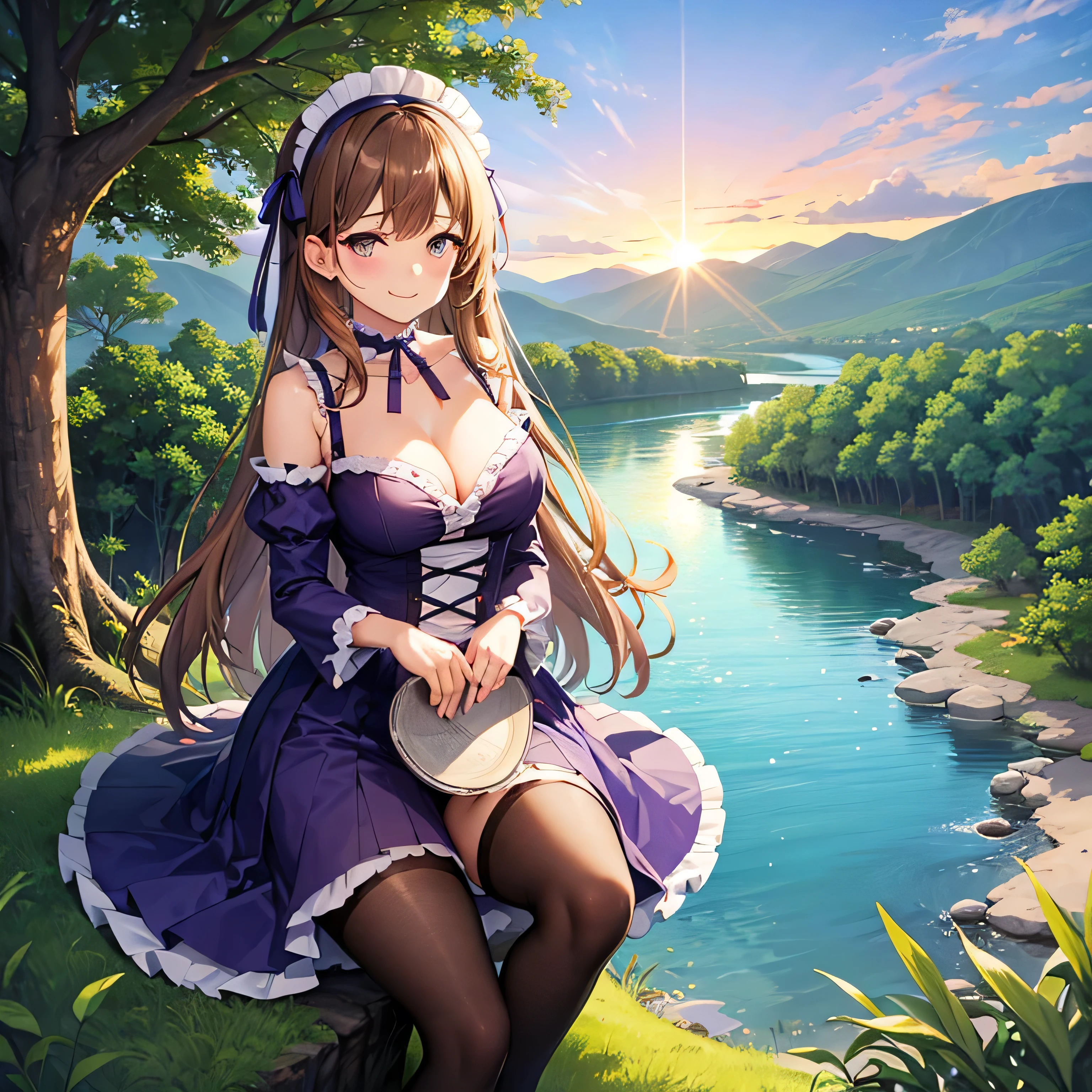 1girl, alternate costume, blush, smile, breasts, brown hair, long hair, choker, cleavage, purple eyes, detached sleeves, dress, frilled choker, frilled dress, frilled hairband, frilled sleeves, frills, hairband, headdress, hetero, large breasts, lolita fashion, lolita hairband, long hair, long sleeves, maid headdress, medium breasts, purple bow, purple bra, purple dress, purple footwear, purple gloves, purple headwear, purple jacket, purple legwear, purple panties, purple pants, purple ribbon, purple shirt, purple skirt, purple sleeves, blue chicken, orange sky, bracelet, bush, coral, sunset, fish, forest, grass, jewelry, lake, mountain, nature, outdoors, overgrown, palm tree, plant, river, rock, scenery, sky, solo, tree, vines, watch, water, waterfall
