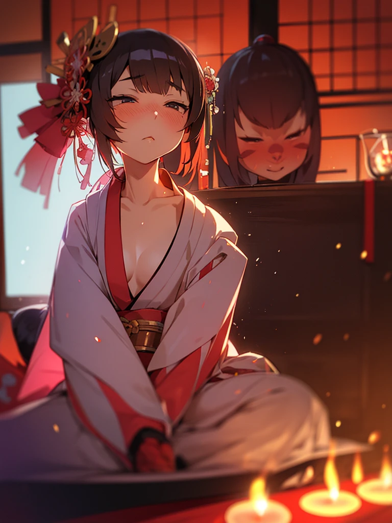 (Sumilux f1.4 50mm , low Latitude old color negative film , cross process , bokeh, flare, chromatic aberration , soft focus, (Shallow focus) , soft glow , Maximum aperture, High Key , Transparent depiction) , kawaii hentai anime , Elegance erotica , Japanese Heian period , Shrine maiden girl, (kitsune mask) , (round Maro eyebrows) , kimono , (Peony flowers blooming:0.8) , steamy breath , Kagura Dance , passion , Drinking amazake , Drunkard , seduce , Hyakki yagyo emaki , Demons and monsters run rampant , Clothes come undone , semi nude , on the futon , bare Collarbone