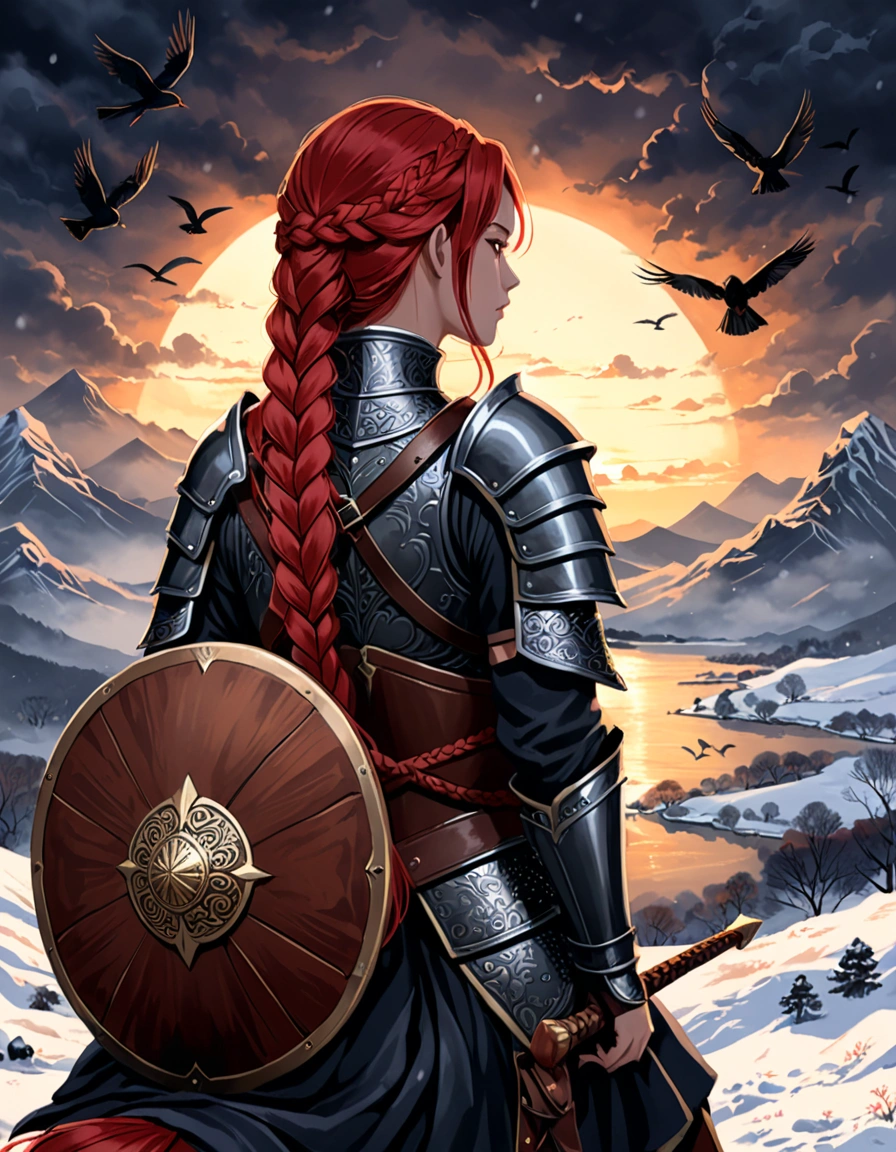close-up,back view,A digital illustration of A female warrior, with long red braided hair , holding a axe on her shoulder ,a round wooden shield on her back. she wearing dark fur and leather armor ,sitting on horse back with a belt that has a pouch and a sword attached. Several birds fly in the distance, adding to the dramatic and moody atmosphere.in a snowy and cloudy environment, The lighting is dim with subtle highlights on the warrior, indicating either dawn or dusk, and the scene conveys a sense of strength and solitude.