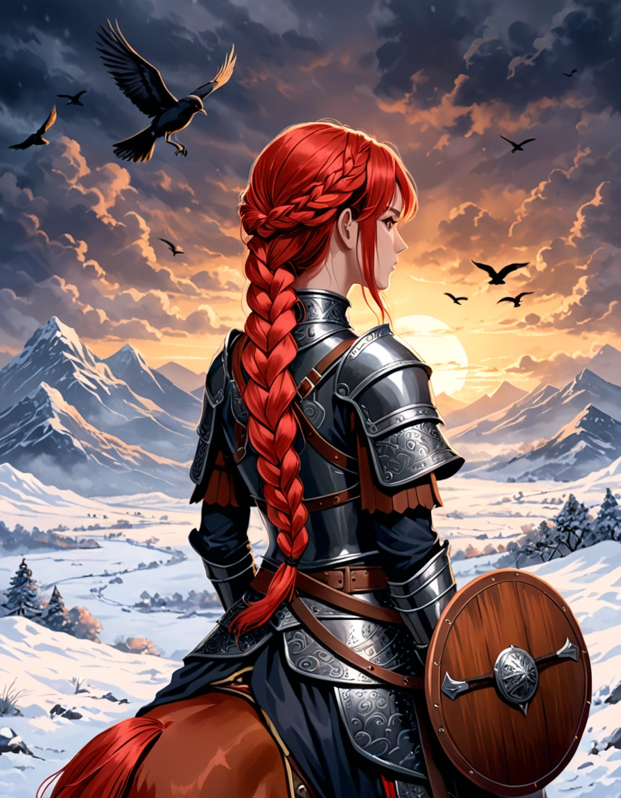 close-up,back view,A digital illustration of A female warrior, with long red braided hair , holding a axe on her shoulder ,a round wooden shield on her back. she wearing dark fur and leather armor ,sitting on horse back with a belt that has a pouch and a sword attached. Several birds fly in the distance, adding to the dramatic and moody atmosphere.in a snowy and cloudy environment, The lighting is dim with subtle highlights on the warrior, indicating either dawn or dusk, and the scene conveys a sense of strength and solitude.