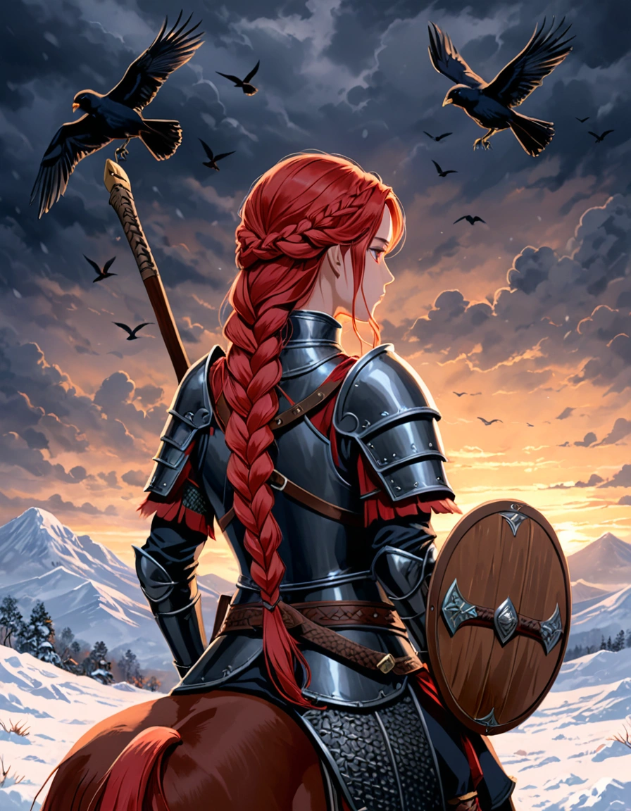 close-up，back view，A digital illustration of A female warrior， with long red braided hair , holding a axe on her shoulder ，a round wooden shield on her back. she wearing dark fur and leather armor ,sitting on horse back with a belt that has a pouch and a sword attached. Several birds fly in the distance, adding to the dramatic and moody atmosphere.in a snowy and cloudy environment, The lighting is dim with subtle highlights on the warrior, indicating either dawn or dusk, and the scene conveys a sense of strength and solitude.