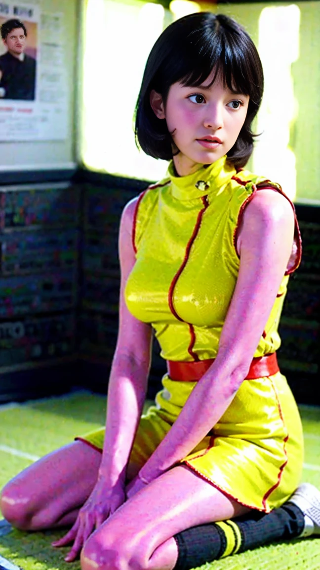 (8k、RAW Photos、Highest quality、masterpiece:1.2、Perfect Anatomy)、(Realistic、Realistic、Full body photo)、1 female、(((A slightly sullen look)))、short hair、((A woman in her 30s wearing a Fa Yuiri costume))、(Being inside a spaceship、Sitting)