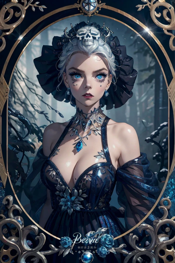 (best quality, highres, ice skull:1.1), ice skull, girl style, thick body art, detailed facial features, icy blue eyes, glossy lips, long eyelashes, porcelain skin, blue and silver color scheme, intricate skull design, realistic texture, vibrant colors, elaborate background, mysterious atmosphere, frozen garden, snow-covered trees, sparkling ice crystals, surreal lighting, fantasy elements