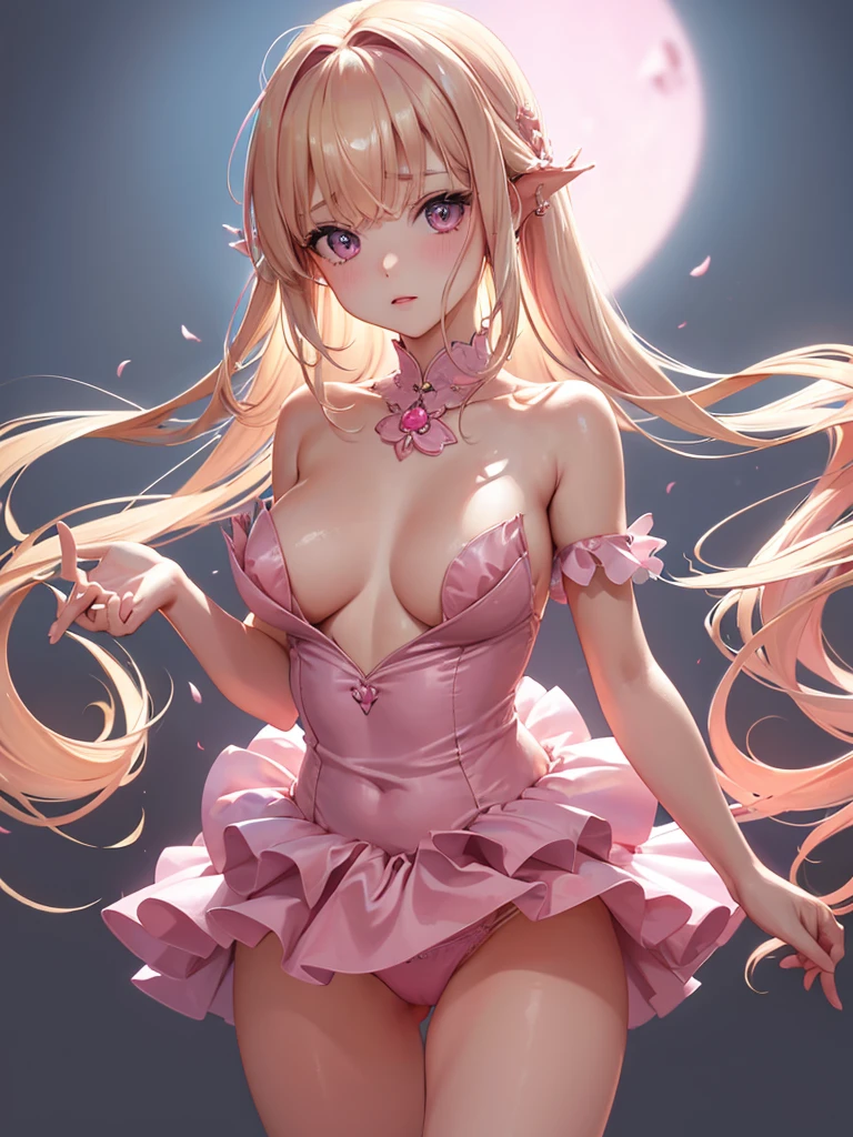 bare breasts、(satin、silk、(Pink Panties))、Highest quality, Super Fine, 16K, Incredibly absurd, Very detailed, Beautiful and cute woman, shy, Big, bright eyes, Blonde double-sided princess hairstyle, Princess-like pink ruffled long flare skirt dress, Simple color background